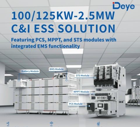 Deye 125kW/177.10kWh PCS Module 125kW/MPPT Module 8 MPP Trackers, 40a/STS Module 500kW/BOS-B Pro-A3 Commercial & Industrial Applications
